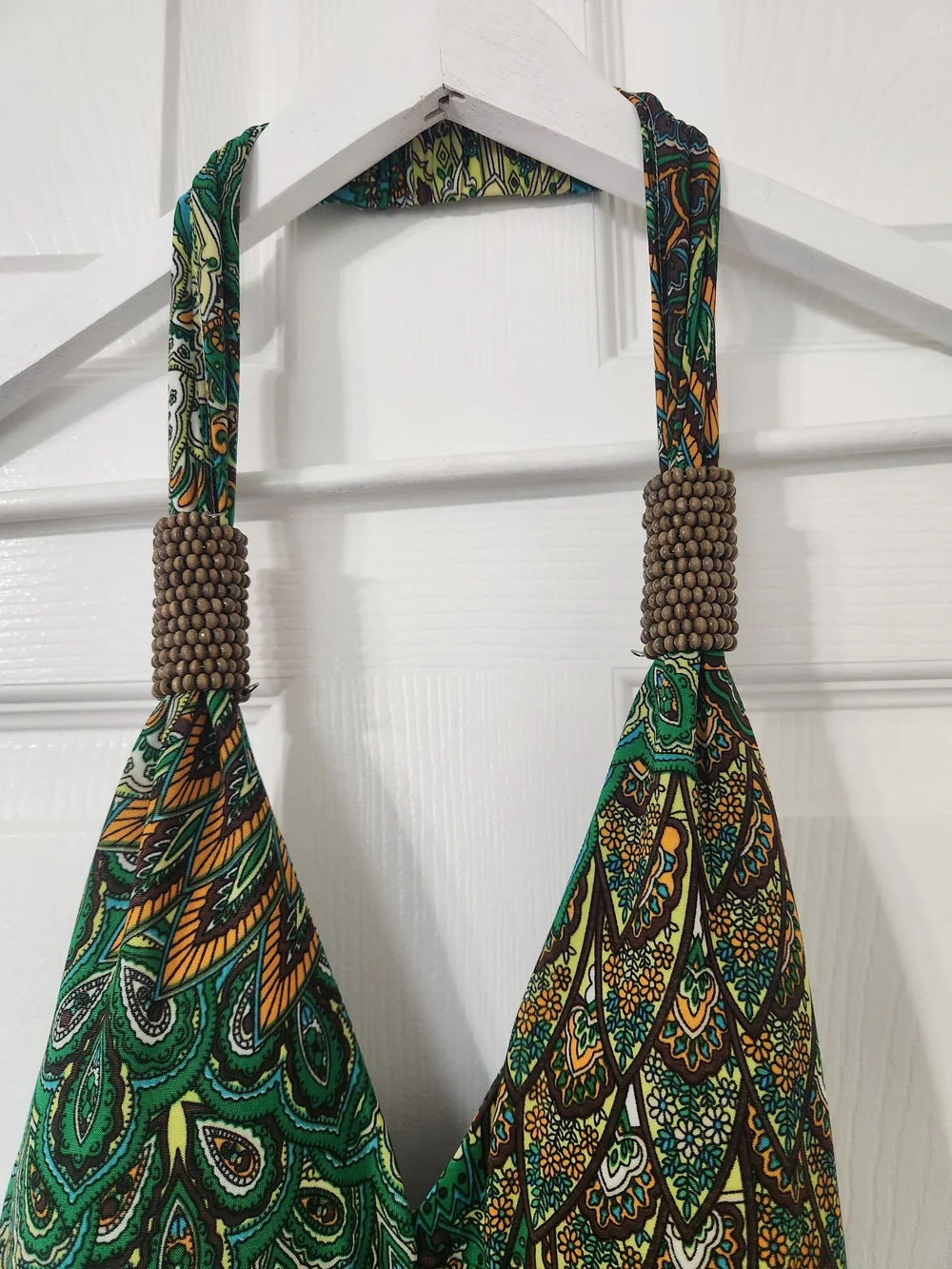 CristinaLove Boho Peacock Colors PaisleyPrint Halter Maxi Dress Wood Bead Detail